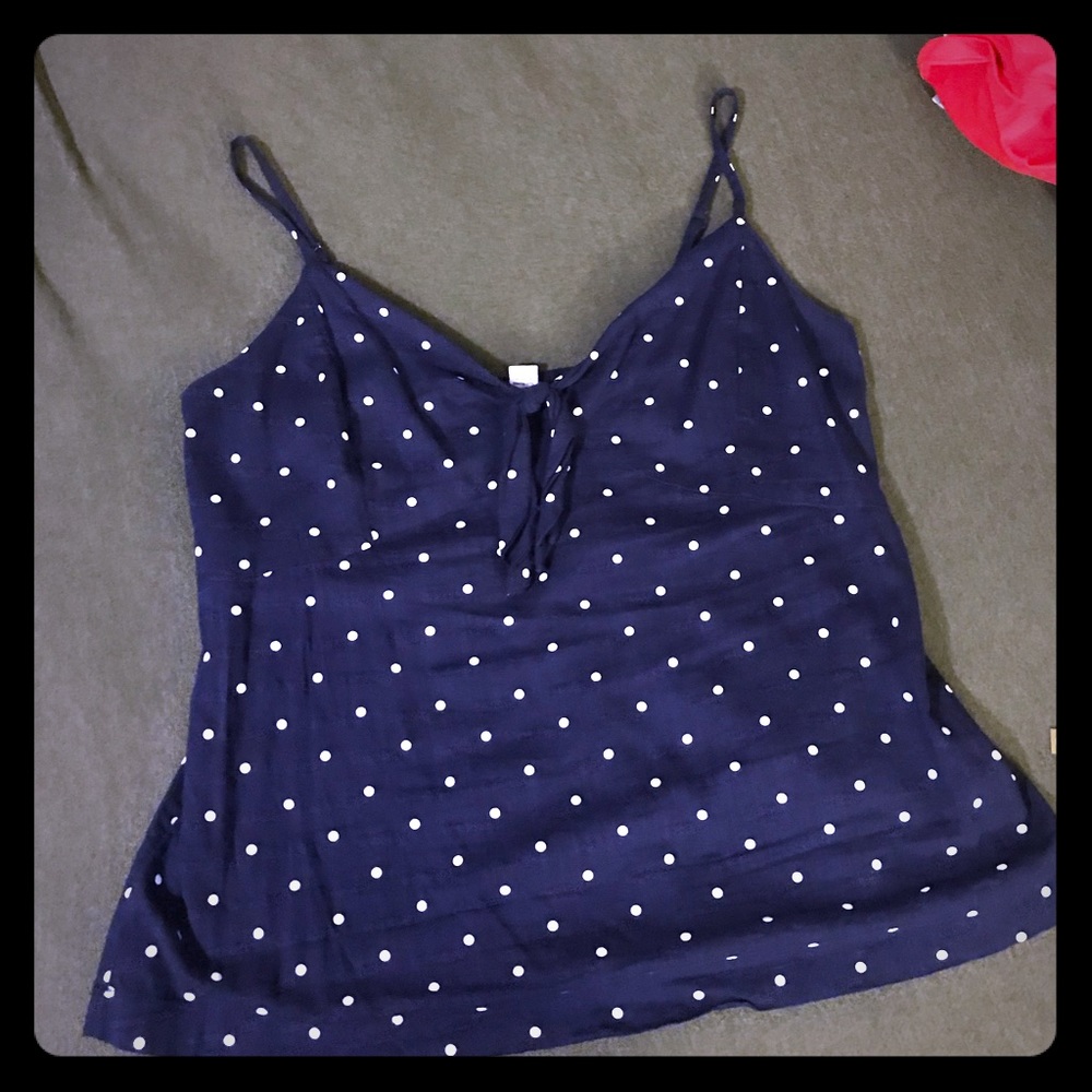Navy blue and white poka dot top